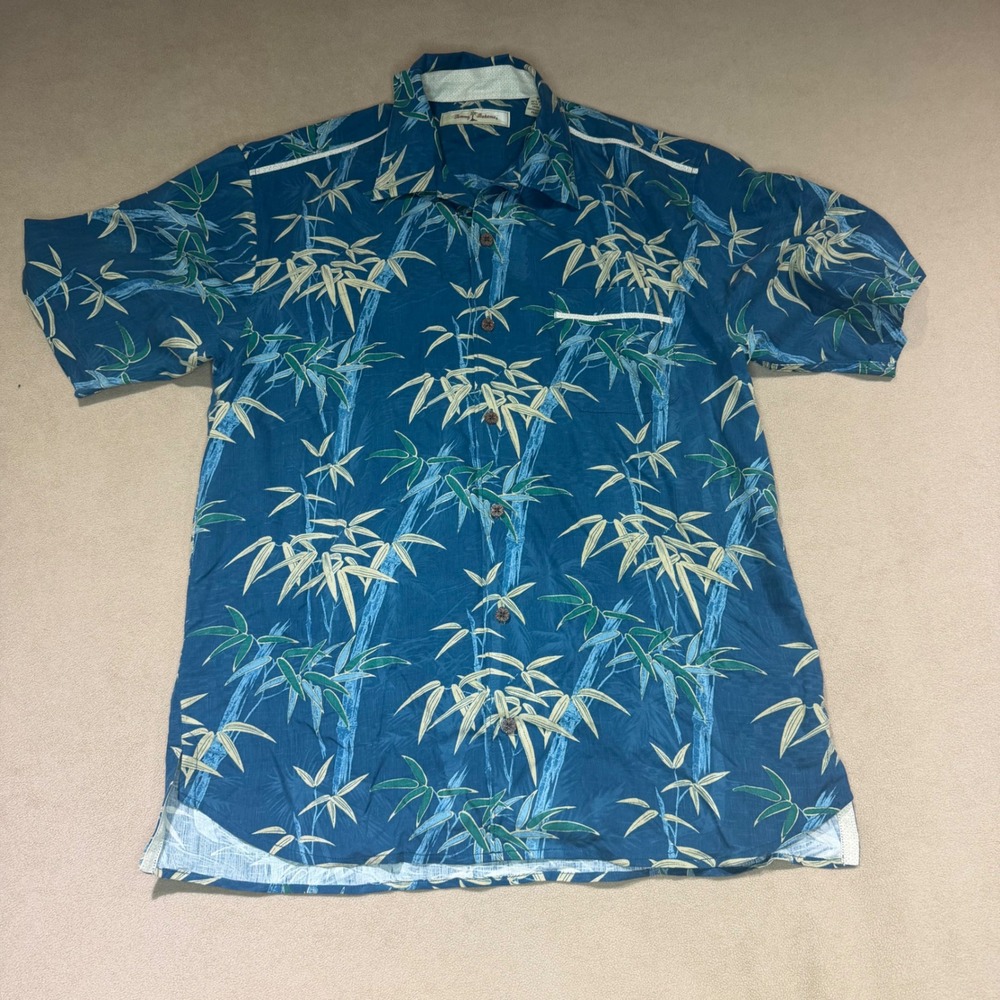 Tommy Bahama Mens Blue Bamboo Print 100% Silk Short Sleeve Camp Shirt Medium
